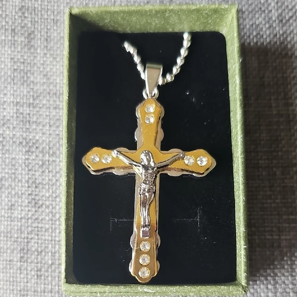 NIB Gold and Silver Crucifix Pendant Necklace Rhinestone Accents